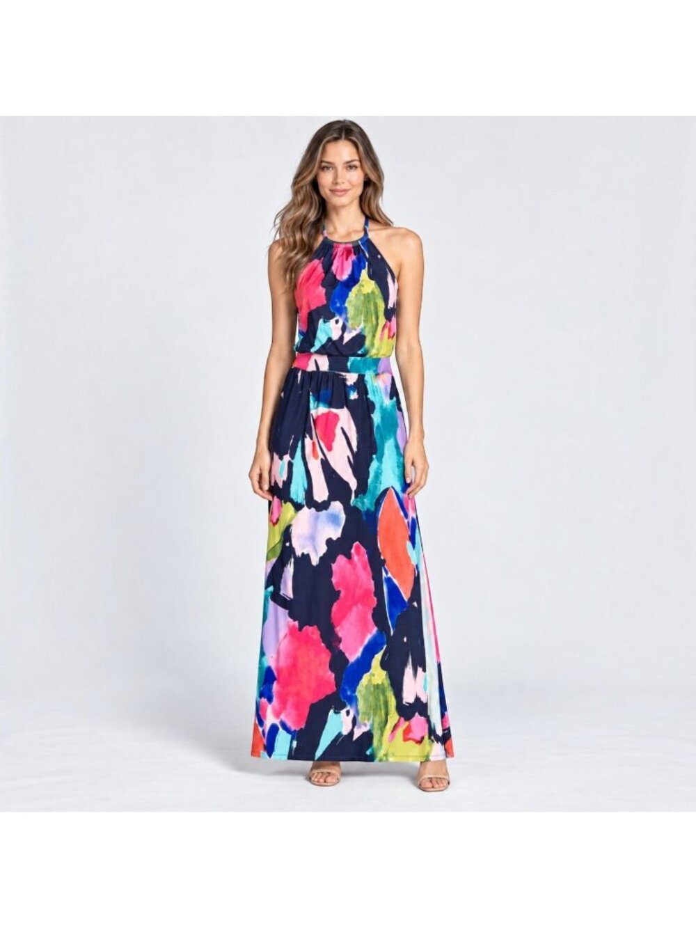 Trina Turk Shirley Halter Maxi Dress Size 2 Abstract Floral Hardware Backless